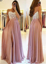 Load image into Gallery viewer, Blush Pink Lace 2019 Arabic Beach Bridesaid Dresses Spaghetti A-line Wedding Guest Dresses High Split Chiffon Party Gowns