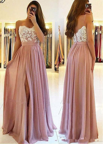 Blush Pink Lace 2019 Arabic Beach Bridesaid Dresses Spaghetti A-line Wedding Guest Dresses High Split Chiffon Party Gowns