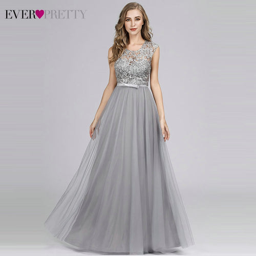 Ever Pretty Grey Bridesmaid Dresses For Women A-Line O-Neck Bow Sashes Elegant Lace Wedding Party Dresses Sukienki Weselne 2019