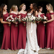 Load image into Gallery viewer, Burgundy Mermaid Bridesmaid Dresses 2019 Simple Floor Length Spaghetti Strap Elastic Satin Long Maid Of Honor Dress Cheap