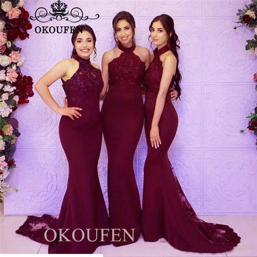 Burgundy Bridesmaid Dresses With Appliques Beads Sexy Halter Mermaid Long Wedding Guest Dress Party For Women Vestido Madrinha
