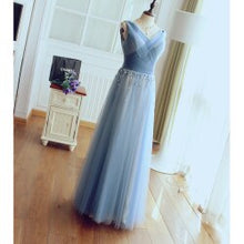 Load image into Gallery viewer, Light Blue V-Neck Beading Crystal Prom Gown A-line Wedding Party Dress Custom Made